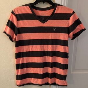 American Eagle Outfitters Coral and Dark Gray Striped Tee